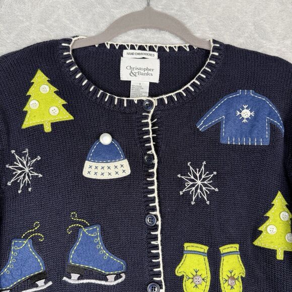 Vtg Holiday Cardigan Sweater Small Winter Christmas Hand Embroidered Grandmacore - Picture 2 of 12